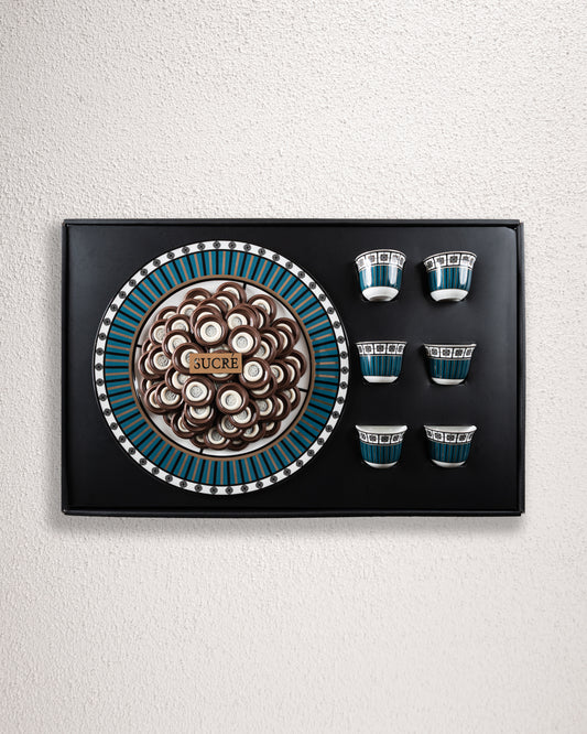 Teal Chocolate Tray with 6 Arabic coffee cups