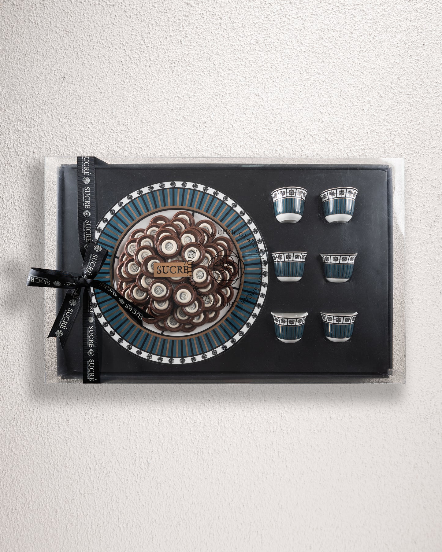 Teal Chocolate Tray with 6 Arabic coffee cups